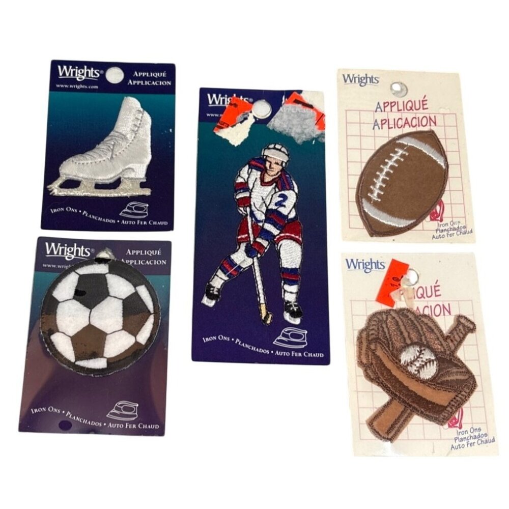 Wrights Iron On Sports Appliques Football Soccer Hockey Player Skate Ball Glove